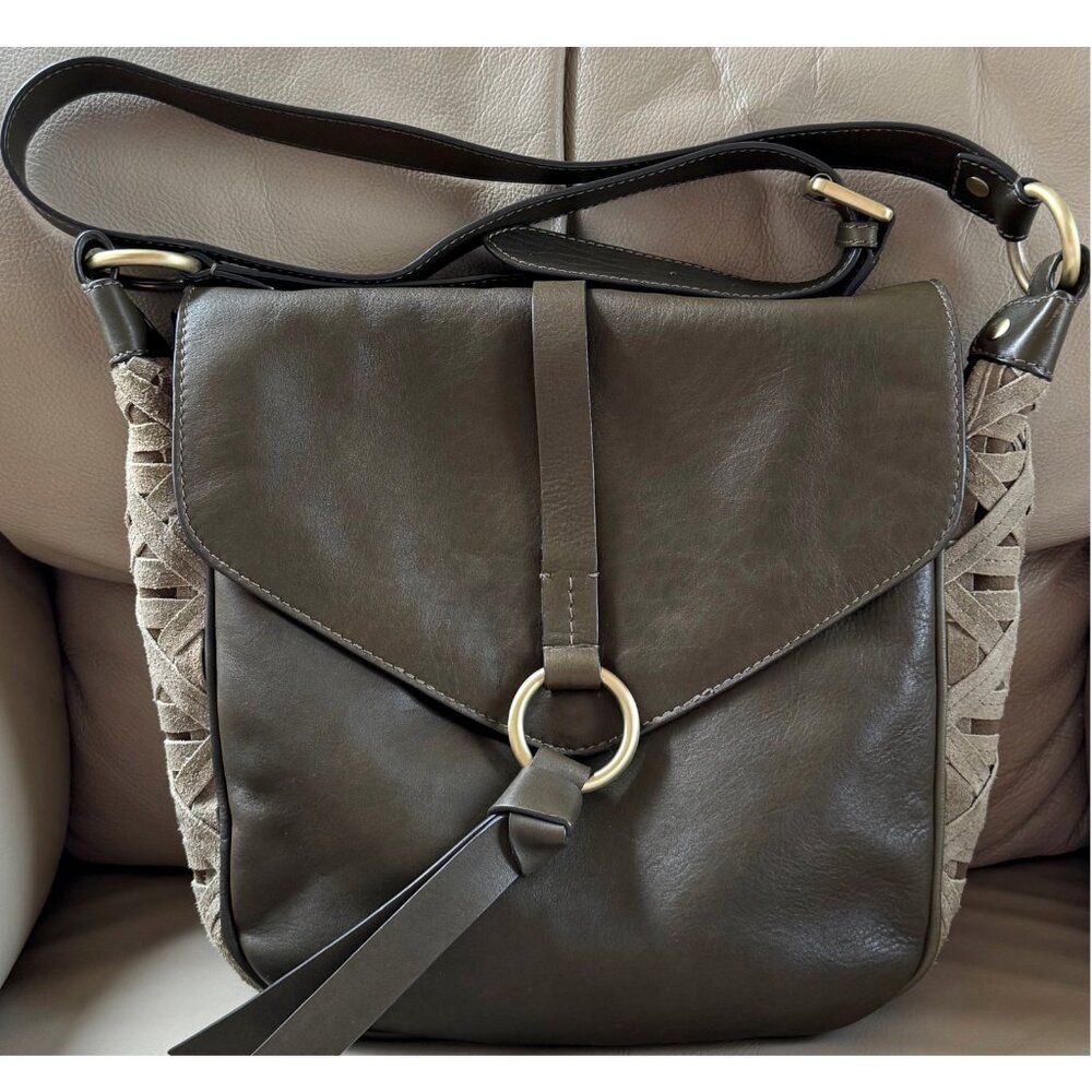 Nanette Lepore Olive Green Genuine Leather Suede Crossbody Flap Bag